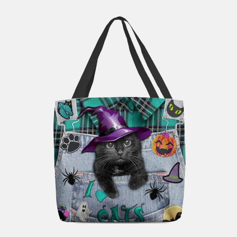 Frauen Canvas Magic Hat Dreidimensionale 3D süße schwarze Katze Handtasche Tote Umhängetasche 