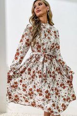 Floral Mock Neck Tie-Waist Pleated Dress