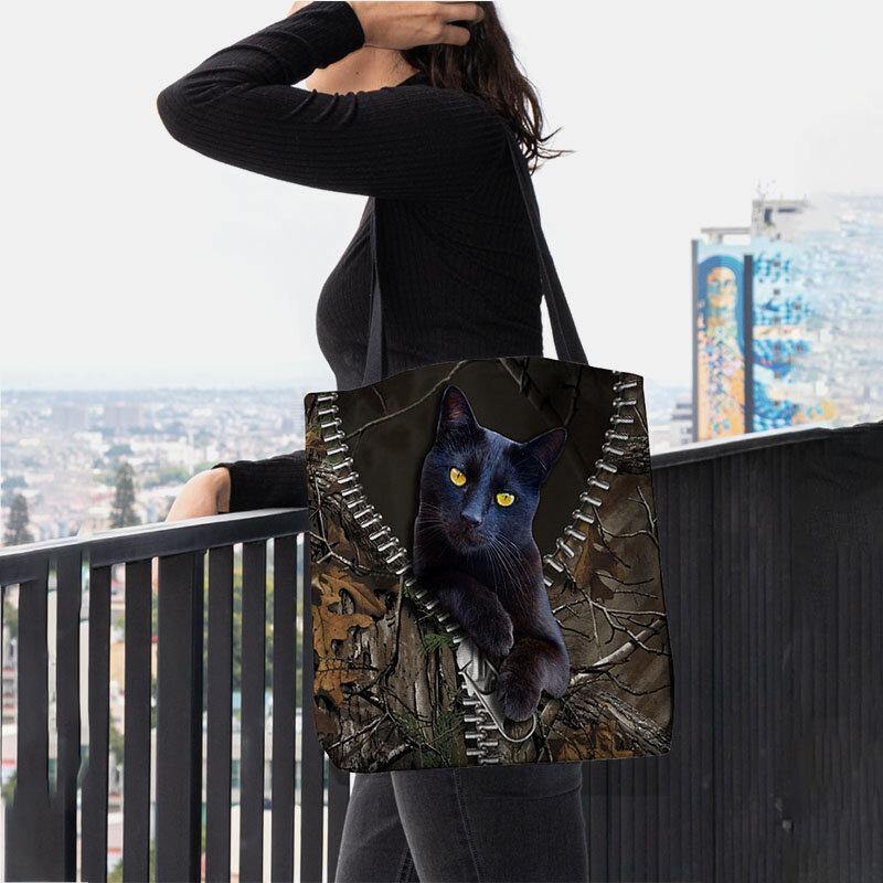 Damen Filz süße 3D dreidimensionale Cartoon schwarze Katze Zweig Muster Umhängetasche Handtasche Tote 