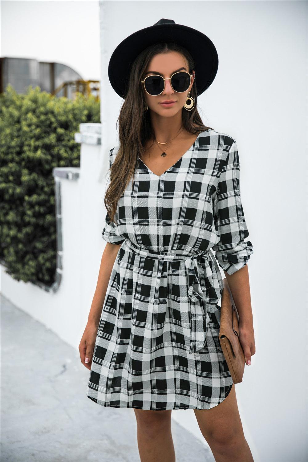 Gingham Tie Waist V Neck Dress