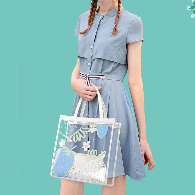 Women 2Pcs Waterproof Transparent Print Fruit PVC Multi-Carry Handbag Tote