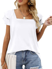 Women’s T-Shirts Solid Color Square Neck Double Layer Petal Sleeve T-Shirt