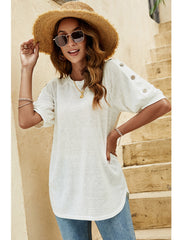 Women's T-Shirts Loose Round Neck Button Casual Half-Sleeve T-Shirt