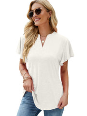 Women's T-Shirts Solid V-Neck Flying Sleeve T-Shirt