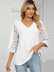 Women's T-Shirts Loose V-Neck Lace Patchwork T-Shirt