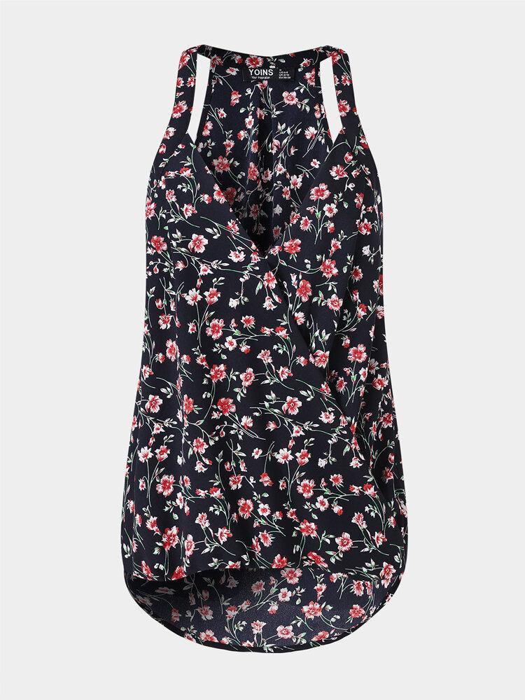 Black Floral Print Halter V-neck Sleeveless Tank Top