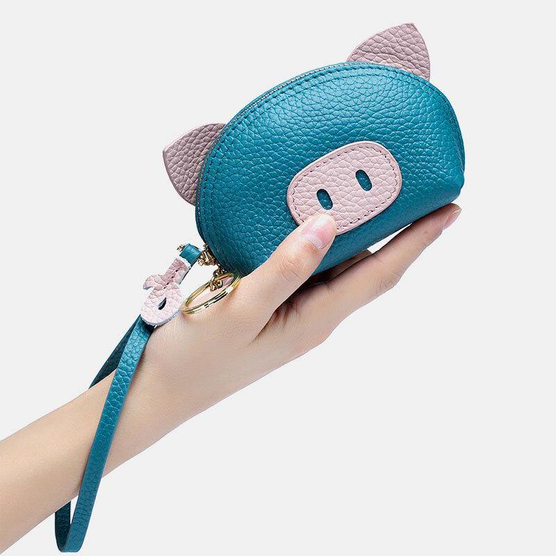 Women Genuine Leather Casual Cute Animal Pig Pattern Mini Hand Carry Coin Bag Storage Bag