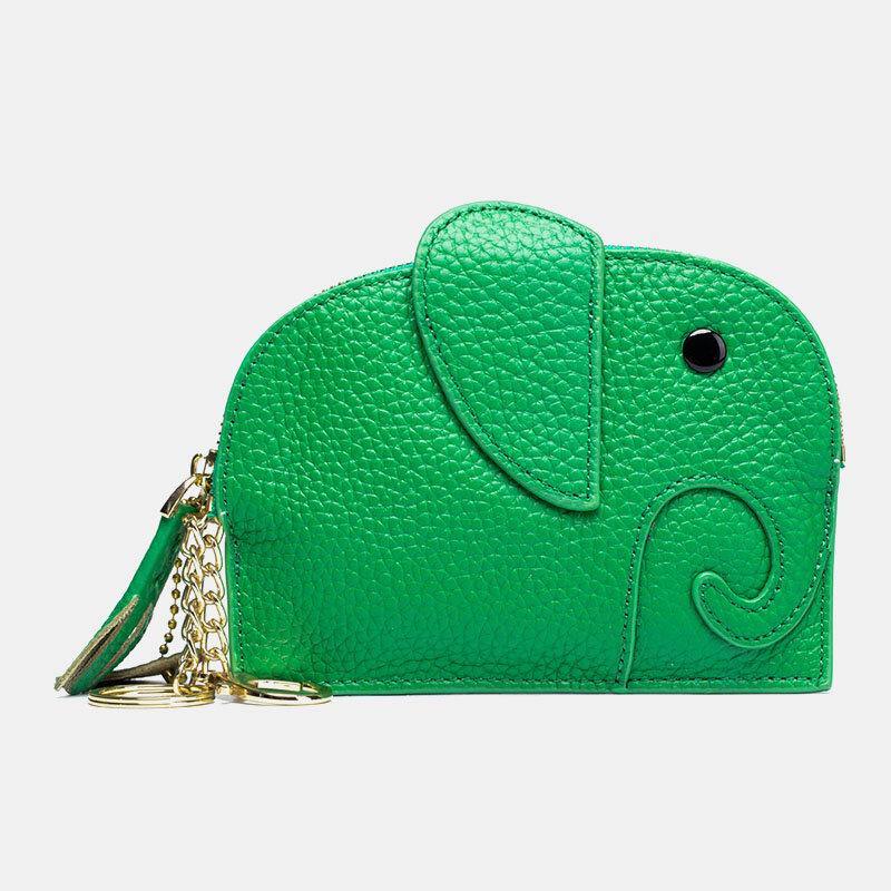 Women Genuine Leather Casual Cute Animal Elephant Pattern Mini Keychain Coin Bag Storage Bag