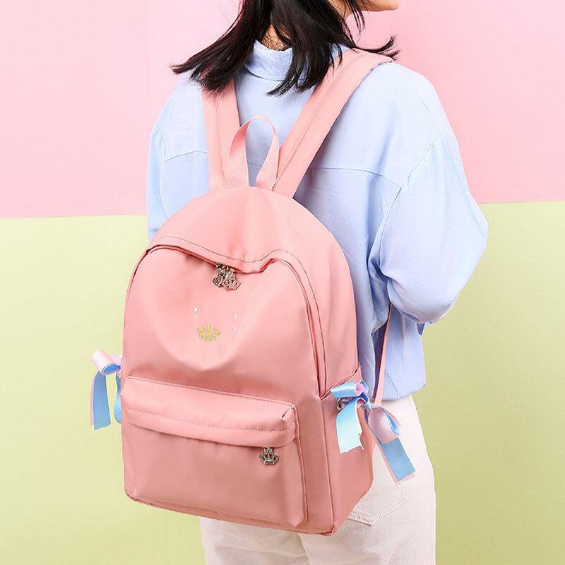 Women Oxford Color Gradient Earphone Hole BowKnot Casual Studeng Bag Backpack