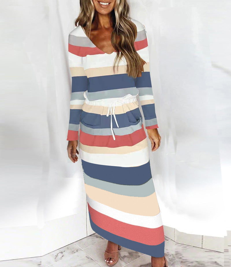 V-neck Loose Print Striped Long-sleeved Dress