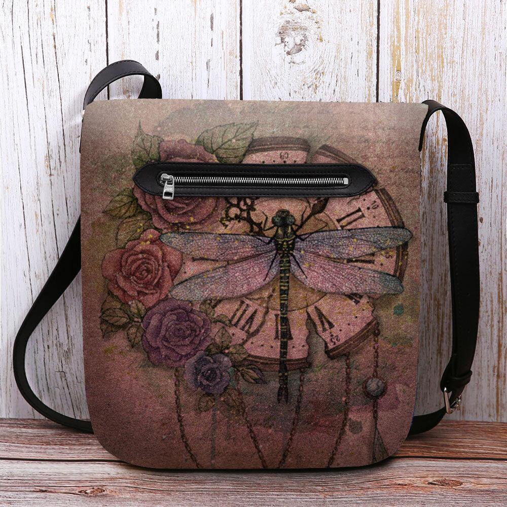 Bolso bandolera con estampado de flores de libélula 3D Vintage informal de fieltro para mujer 