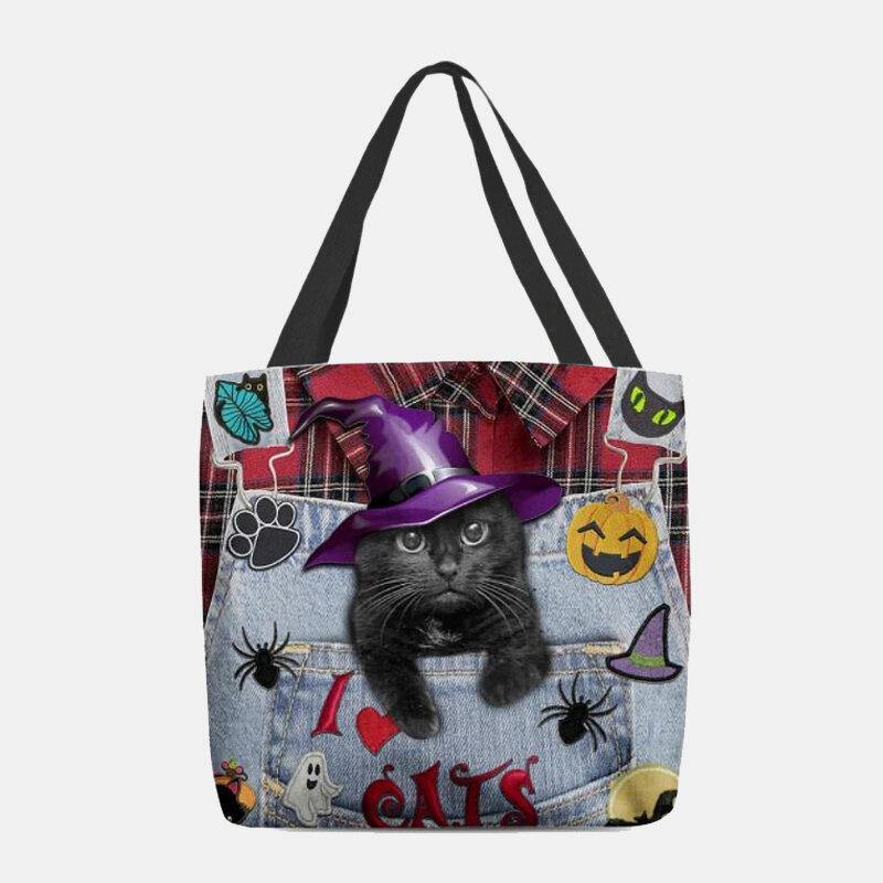 Frauen Canvas Magic Hat Dreidimensionale 3D süße schwarze Katze Handtasche Tote Umhängetasche 