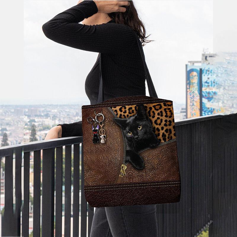 Las mujeres sintieron lindo 3D tridimensional de dibujos animados gato negro colgante patrón bolso de hombro bolso de mano 