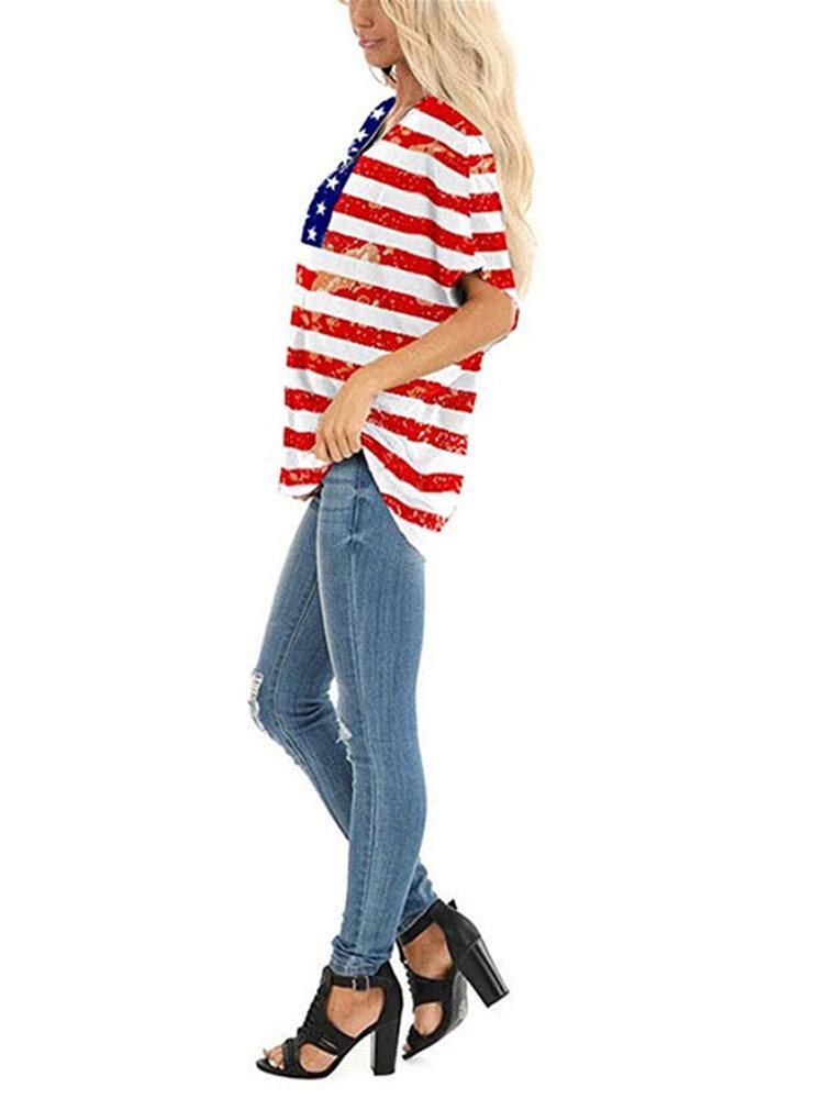 American Flag Star Print Independence Day Crew Neck Women Casual T-shirts For Women