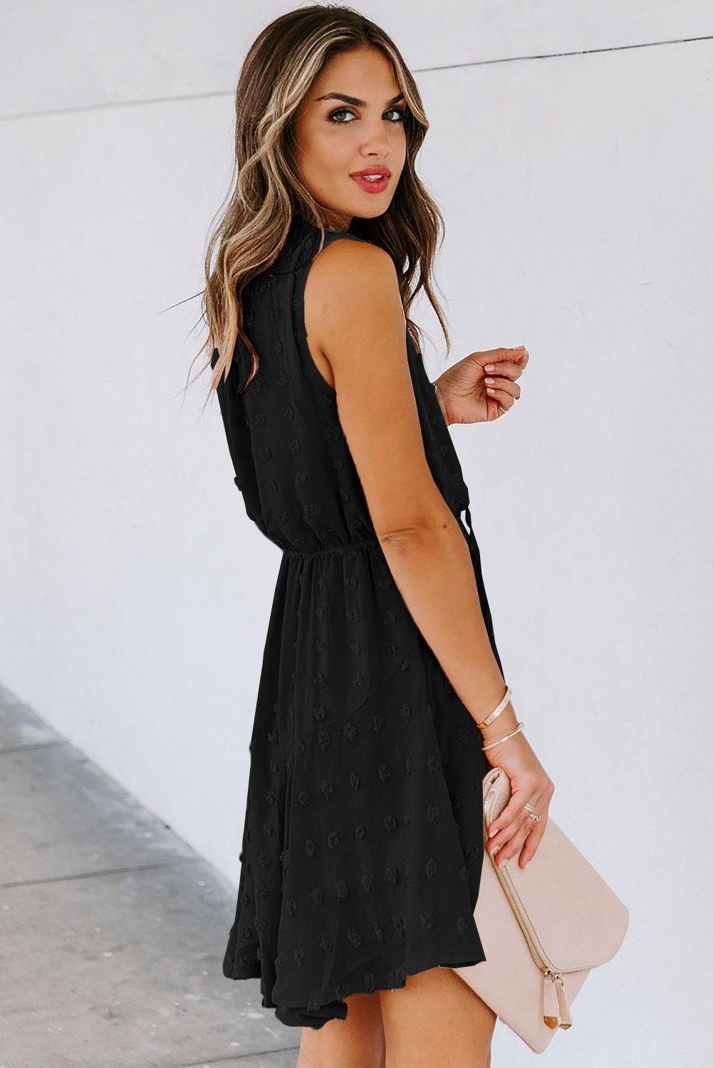 Split Neck Pom Pom Textured Flowy Dress