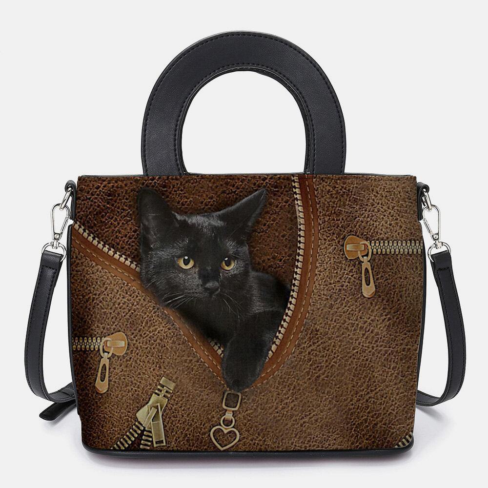 Bolso bandolera con diseño de gato negro de dibujos animados de piel sintética para mujer 