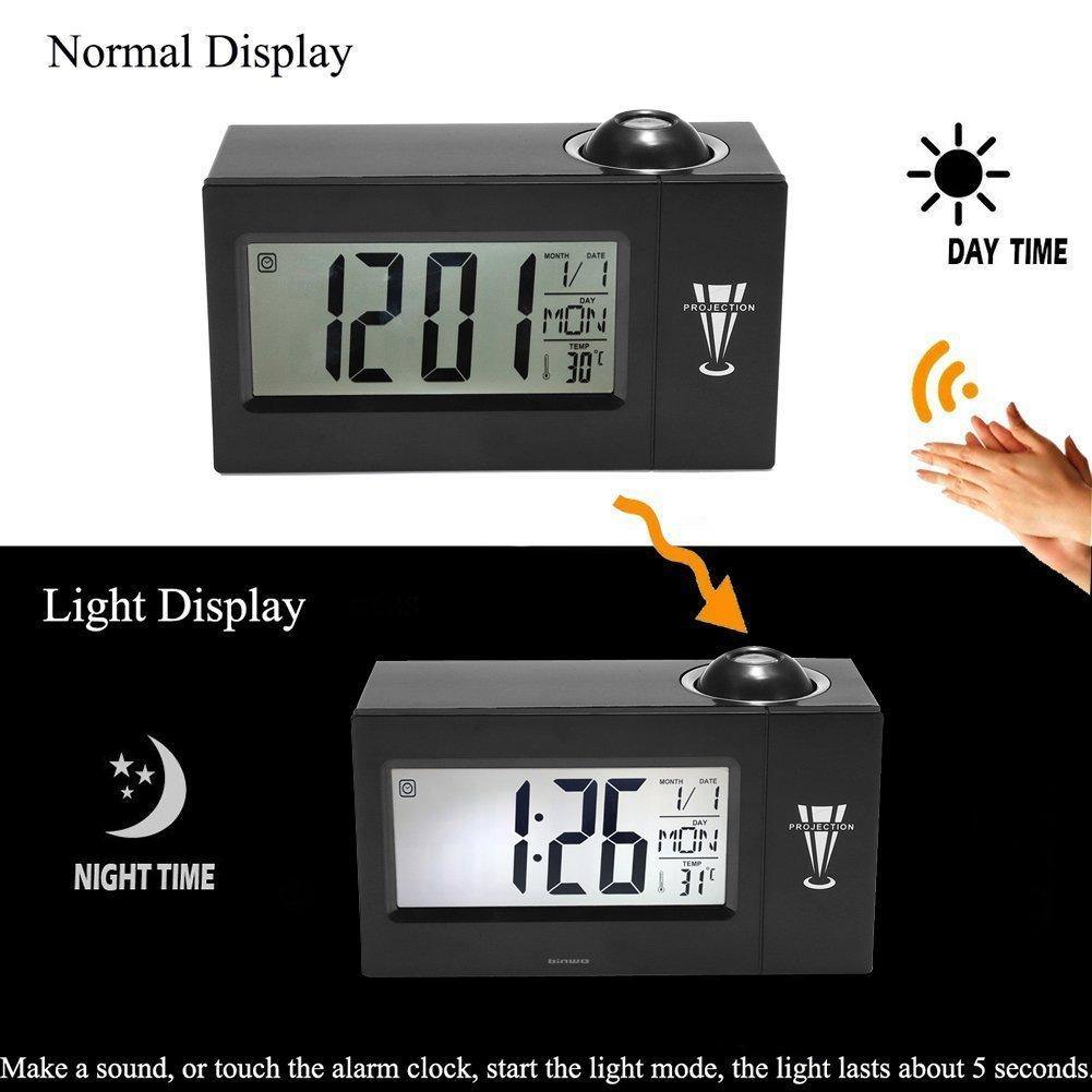 Digitaluhr Binwo Nachtzeit-Projektionswecker mit 4" großem LED-Display für Tag, Datum, Temperatur, Luftfeuchtigkeit, lauter Wecker mit intelligenter Hintergrundbeleuchtung 