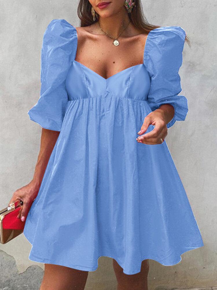 Puff Sleeve Casual Solid Pleating Summer Holiday Dress For Women