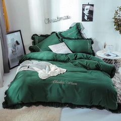 4PCS Solid Color Embroidery Lace Purfle Bedding Set Soft-smooth Duvet Cover Sheet Pillowcases King /Queen Size