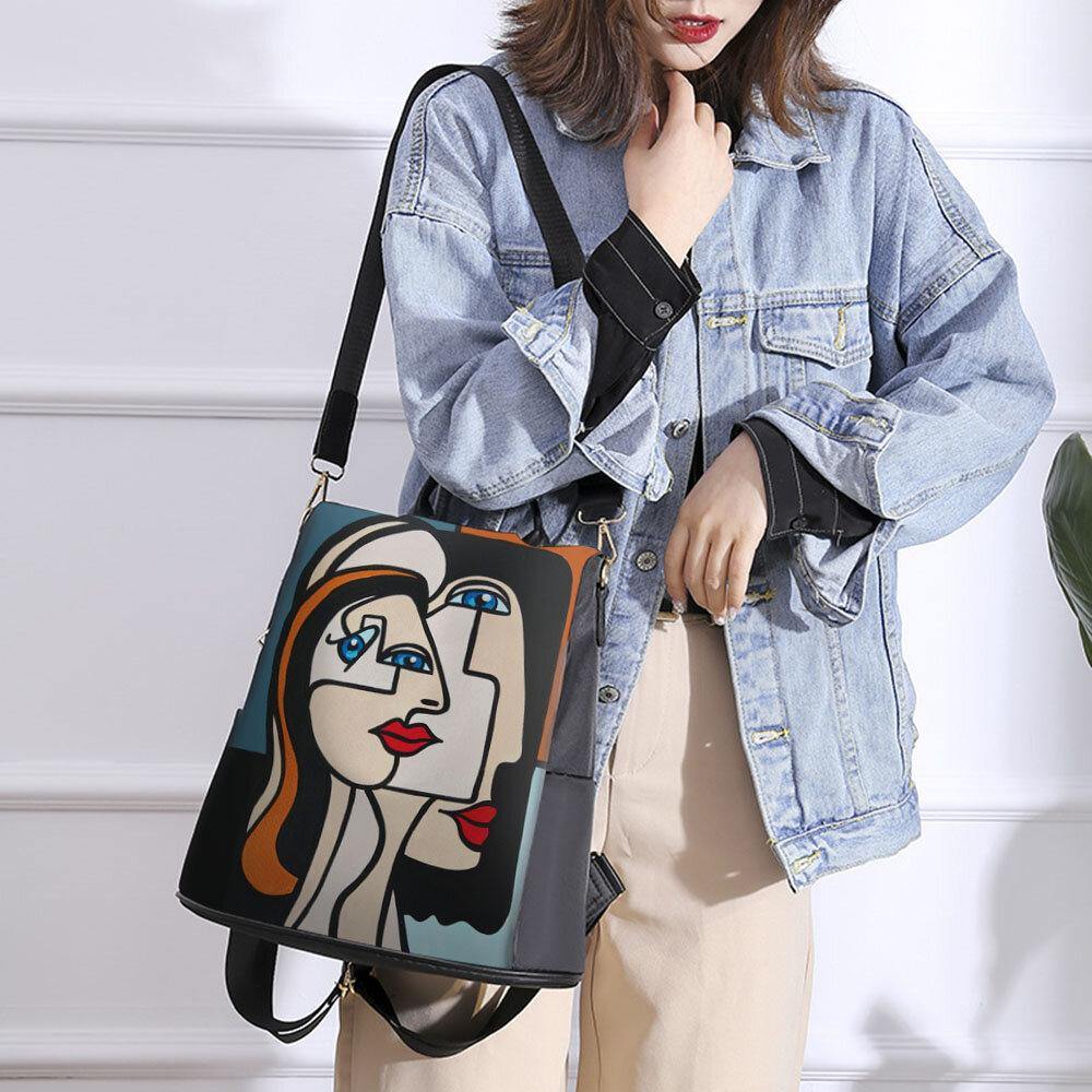 Women Nylon Cartoon Abstract Stick Figure Pattern Large Capacity Shoulder Bags Backpack