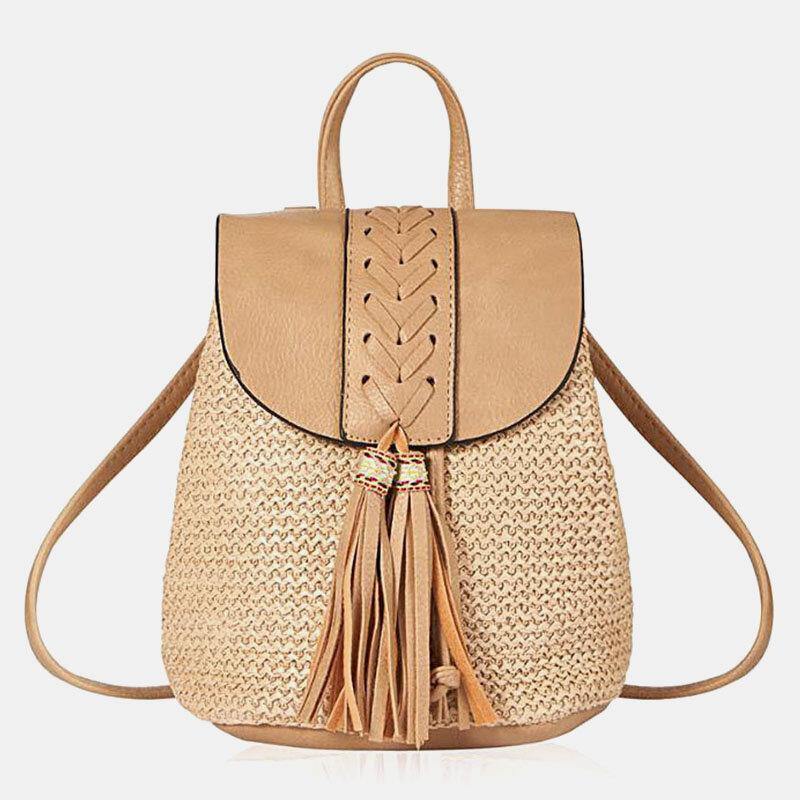 Frauen Quaste Stroh Tasche Retro Strand Tasche Rucksack Eimer Tasche 