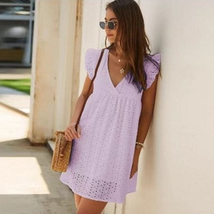 Summer V-neck Cotton Short Skirt Solid Color Dress