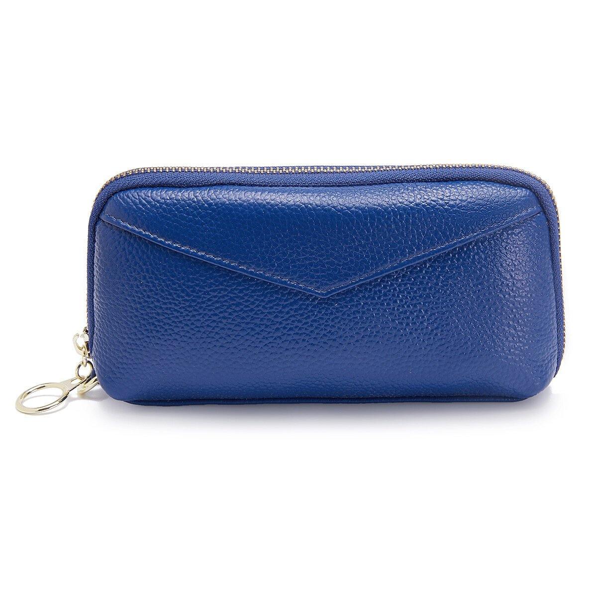 Bolso de mano de cuero genuino para mujer Cartera larga con cremallera Monedero de dos pliegues 