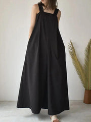 100% Cotton V-Neck Loose Solid Side Pockets Camisole Maxi Dress