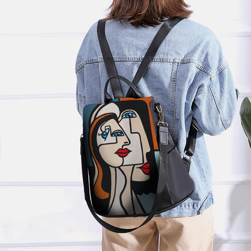 Women Nylon Cartoon Abstract Stick Figure Pattern Large Capacity Shoulder Bags Backpack