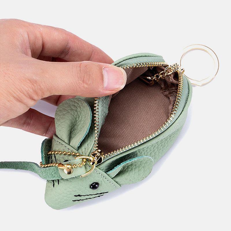 Women Genuine Leather Casual Cute Animal Mouse Pattern Mini Keychain Coin Bag Storage Bag