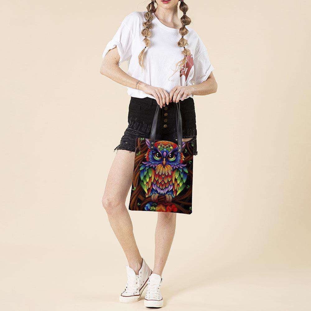 Color Owl Print Pattern Leather Tote Bag Sticker Shoulder Bag Handbag Tote With Built-in Small Bag