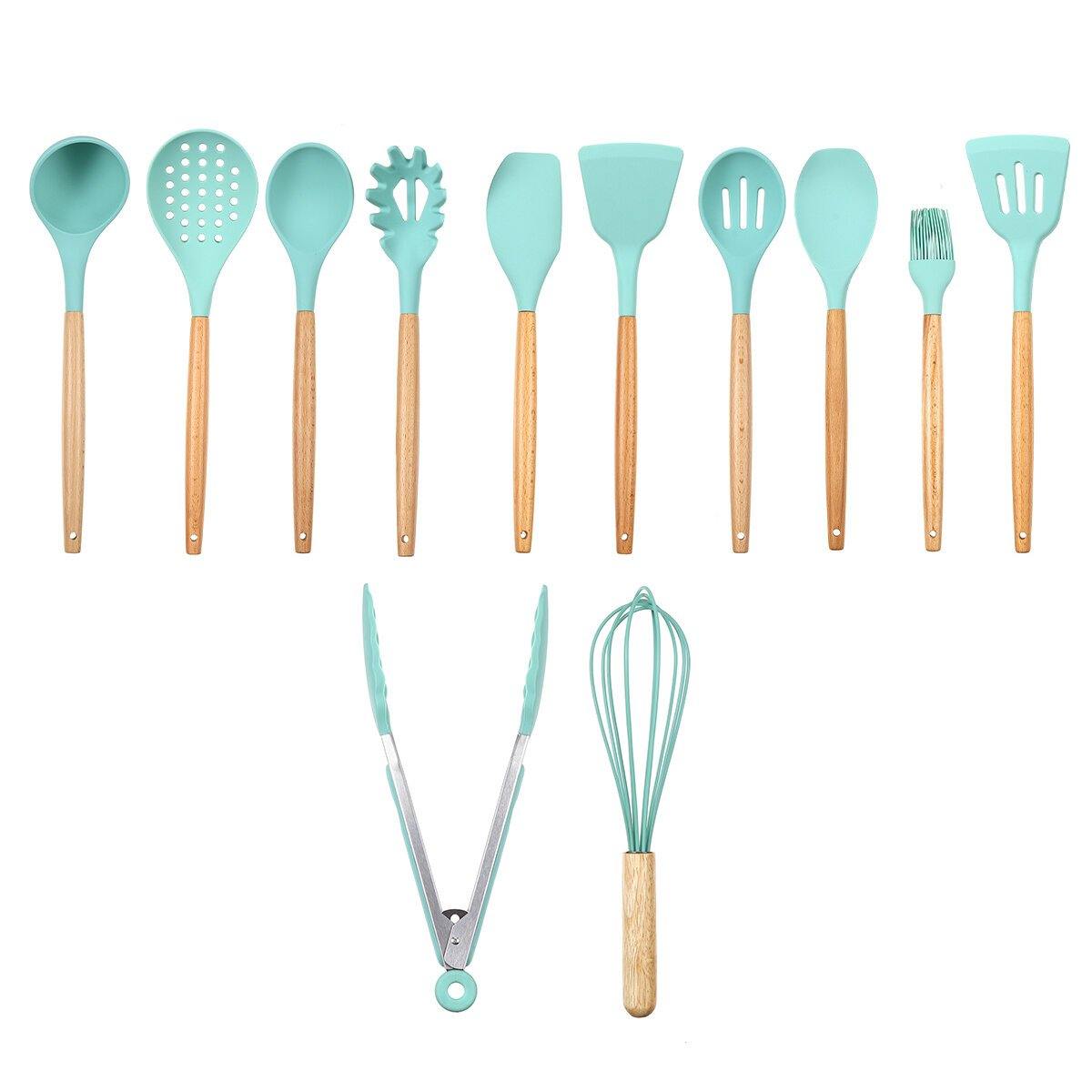 12pcs Wooden Silicone Kitchen Utensil Nonstick Cooking Tool Spoon Soup Ladle Turner Spatula Tong Cookware Baking Gadget