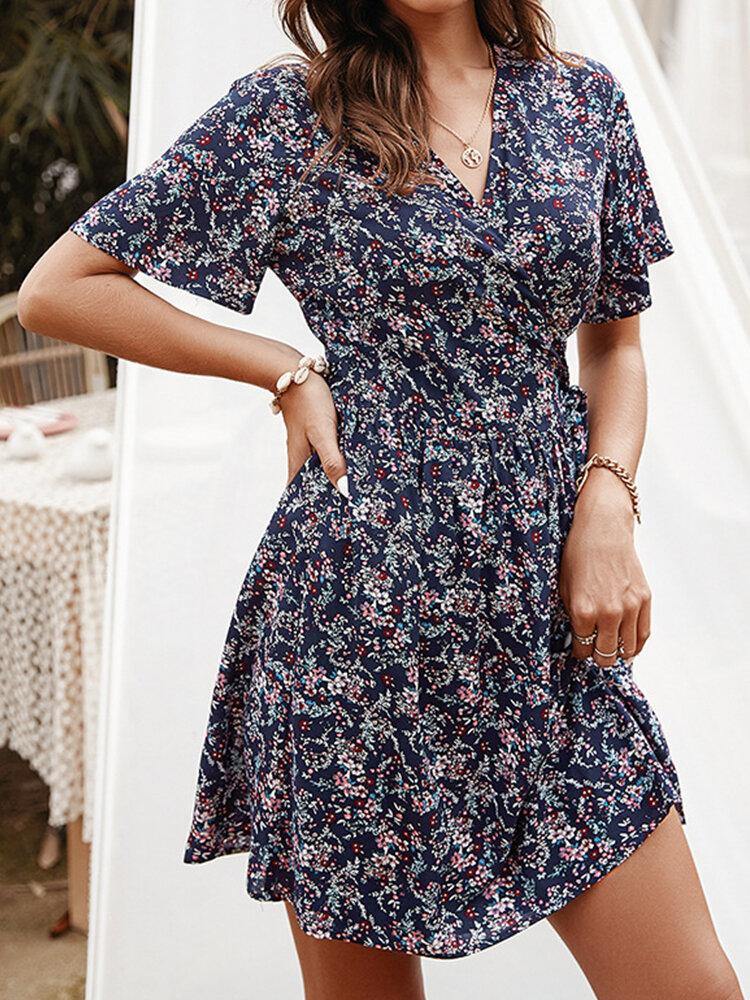 Cross Wrap Floral Print Bandage Short Sleeve Dress