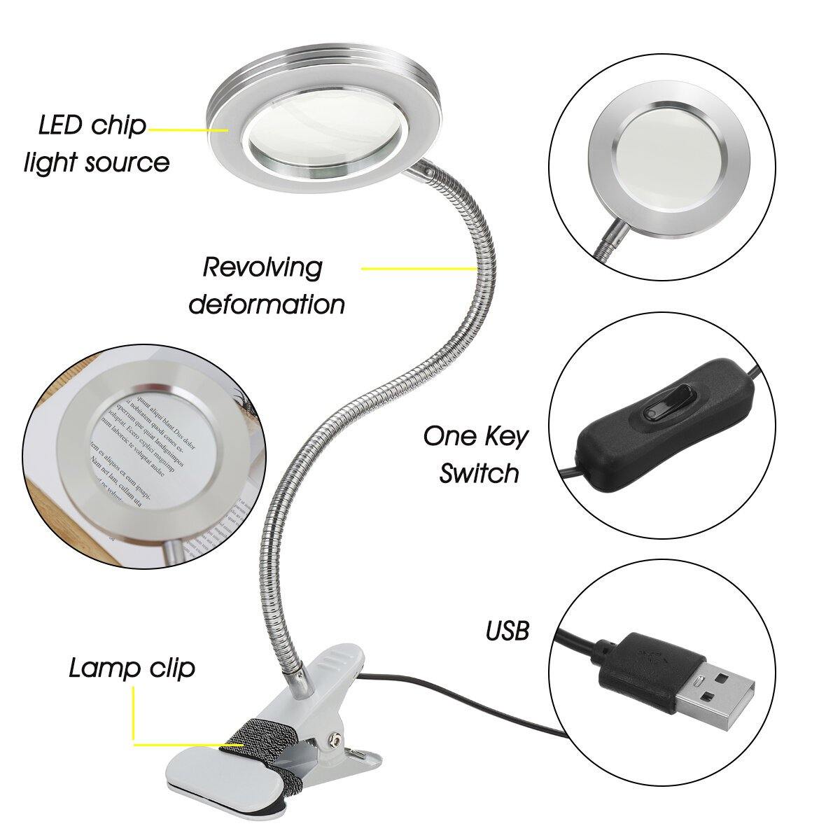 USB LED Magnifying Glass Desk Lighting 8X Magnifier Lamp Bendable Beauty Makeup Tattoo Light Reading