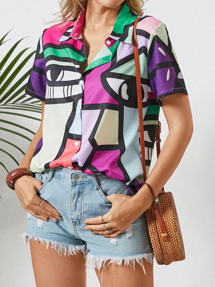 Abstract Pattern Print Lapel Short Sleeve Button Blouse For Women