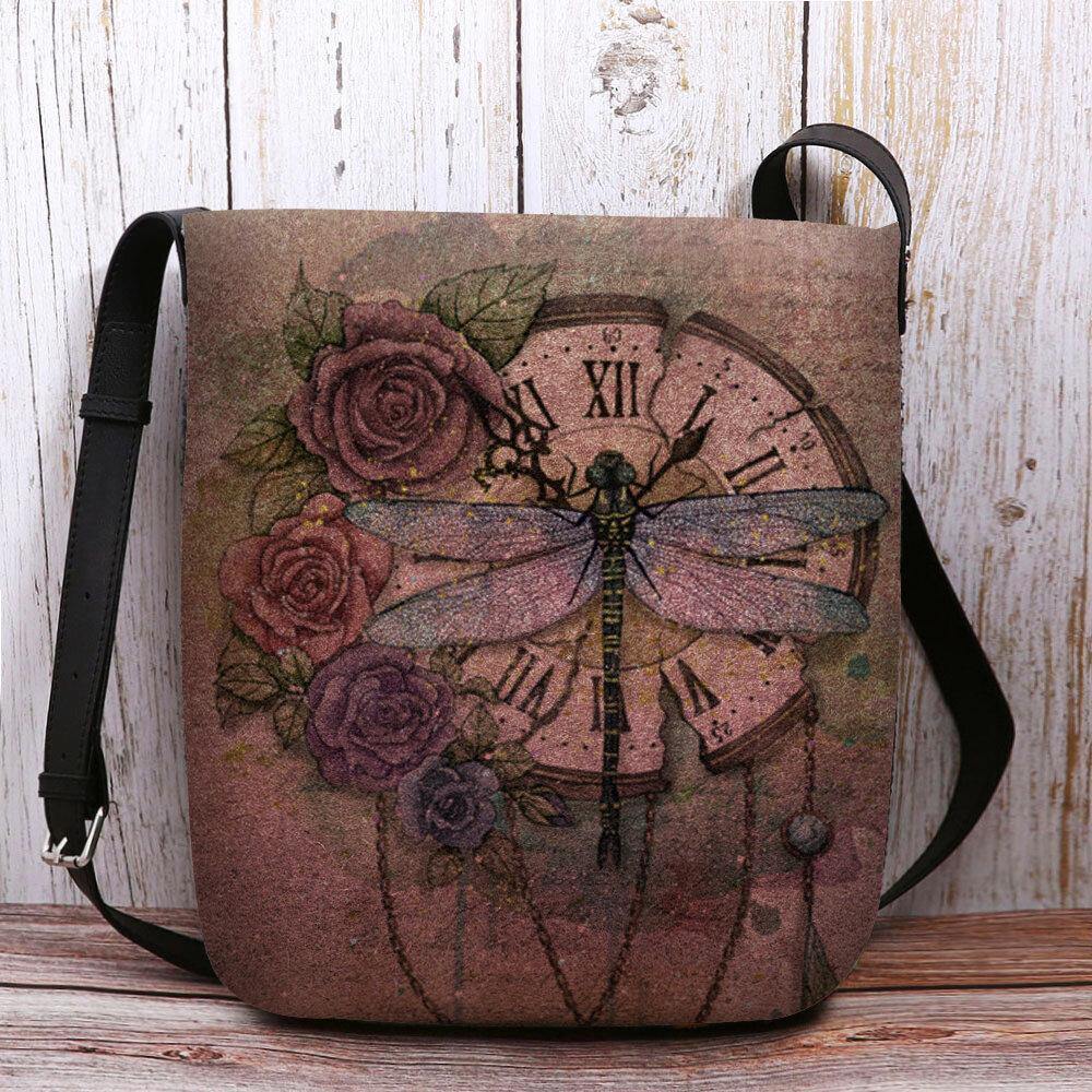 Bolso bandolera con estampado de flores de libélula 3D Vintage informal de fieltro para mujer 