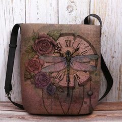 Bolso bandolera con estampado de flores de libélula 3D Vintage informal de fieltro para mujer 