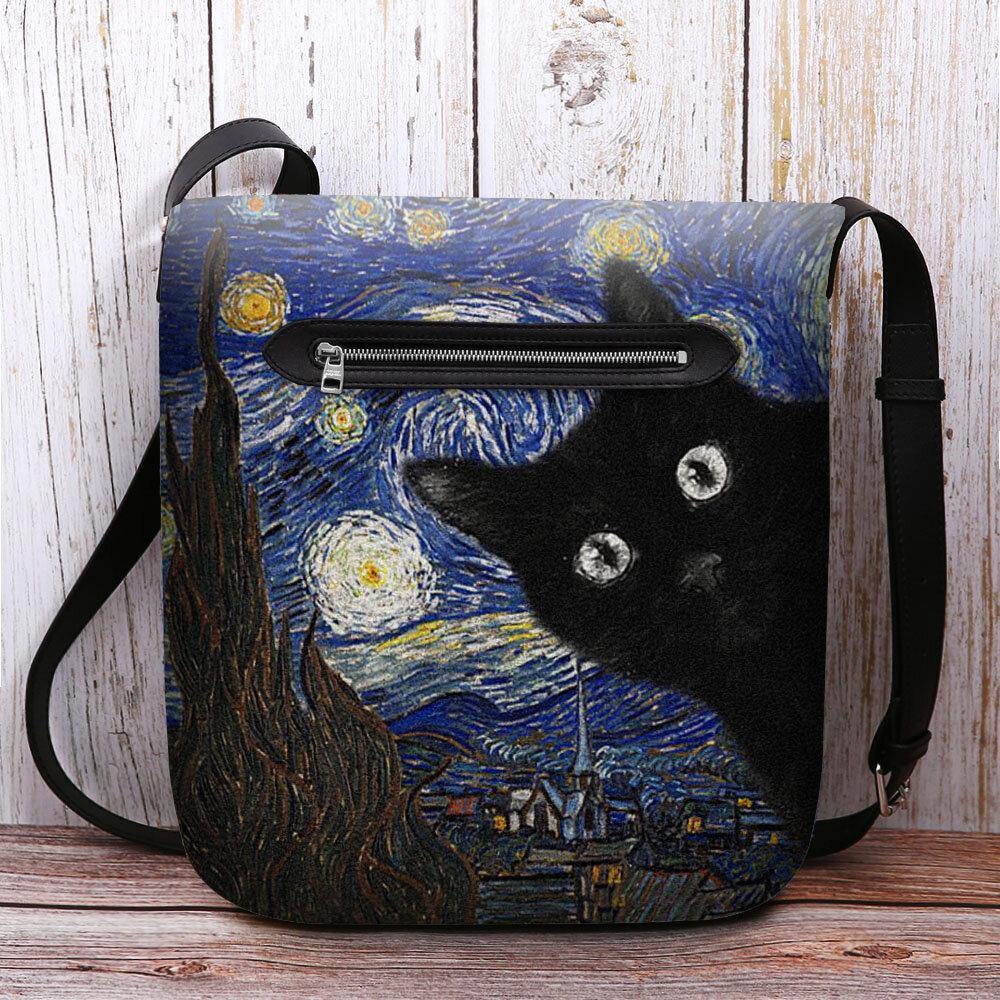 Las mujeres sintieron lindo patrón de gato de dibujos animados casual con pinturas de galaxia de noche estrellada bandolera bolso de hombro 