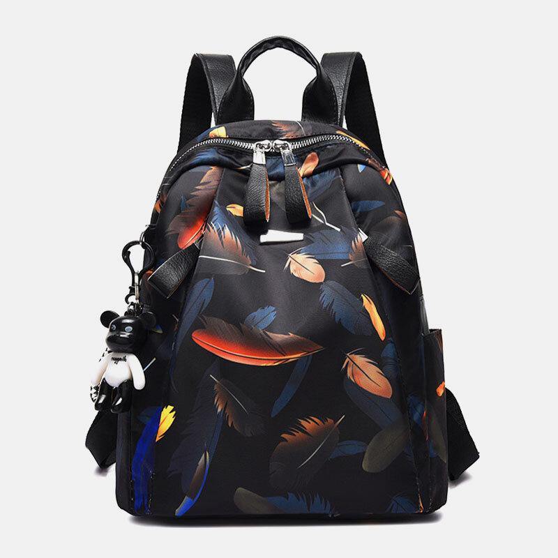 Women Oxford Butterfly Feather Pattern Large Capacity Headset Hole Waterproof Anti-Theft Casual Backpack