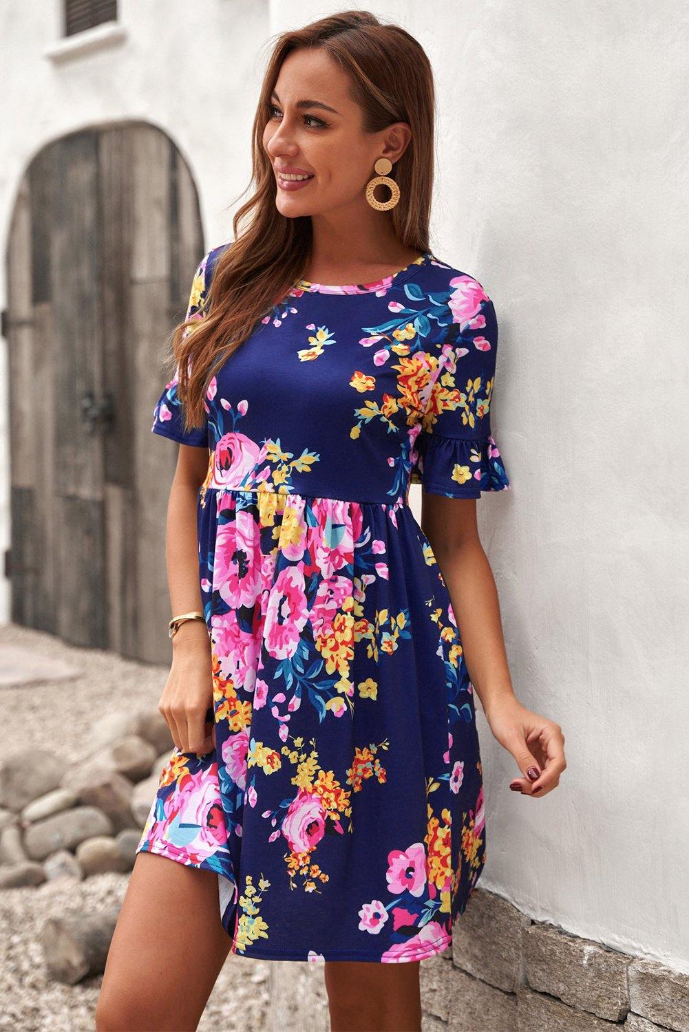 Ruffled Short Sleeve Floral Dress