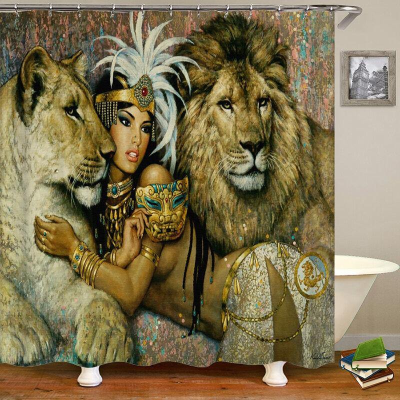 African Woman Egypt Queen and Lion Waterproof Bathroom Set Shower Curtain Bath Mats Floor Doormat Rugs