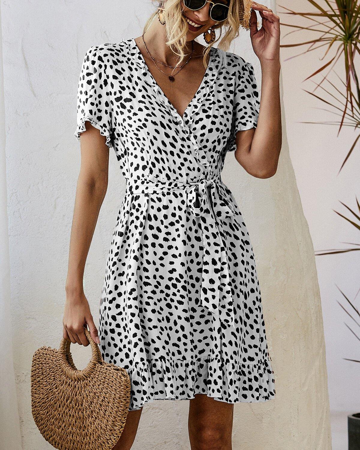 Bohemian Ruffle Wrap Animal Print Belted V-neck Short Sleeves Dress