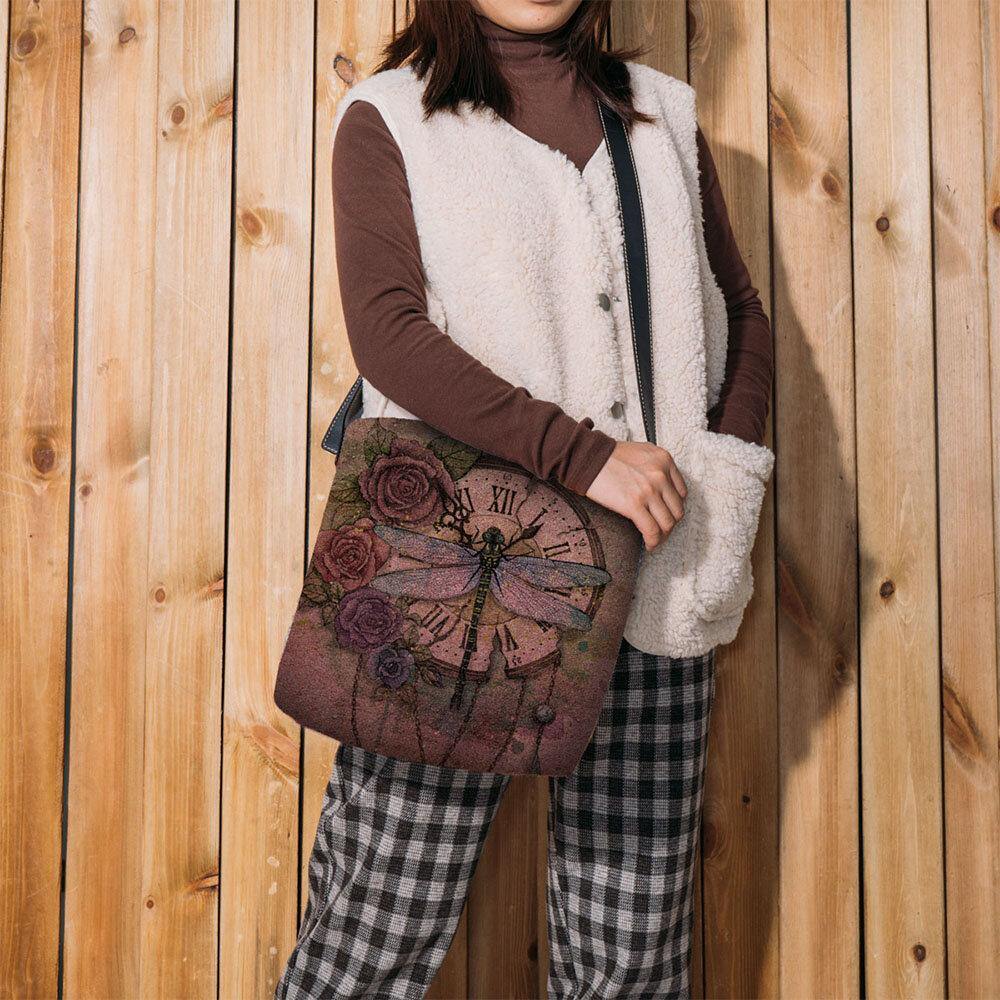 Bolso bandolera con estampado de flores de libélula 3D Vintage informal de fieltro para mujer 