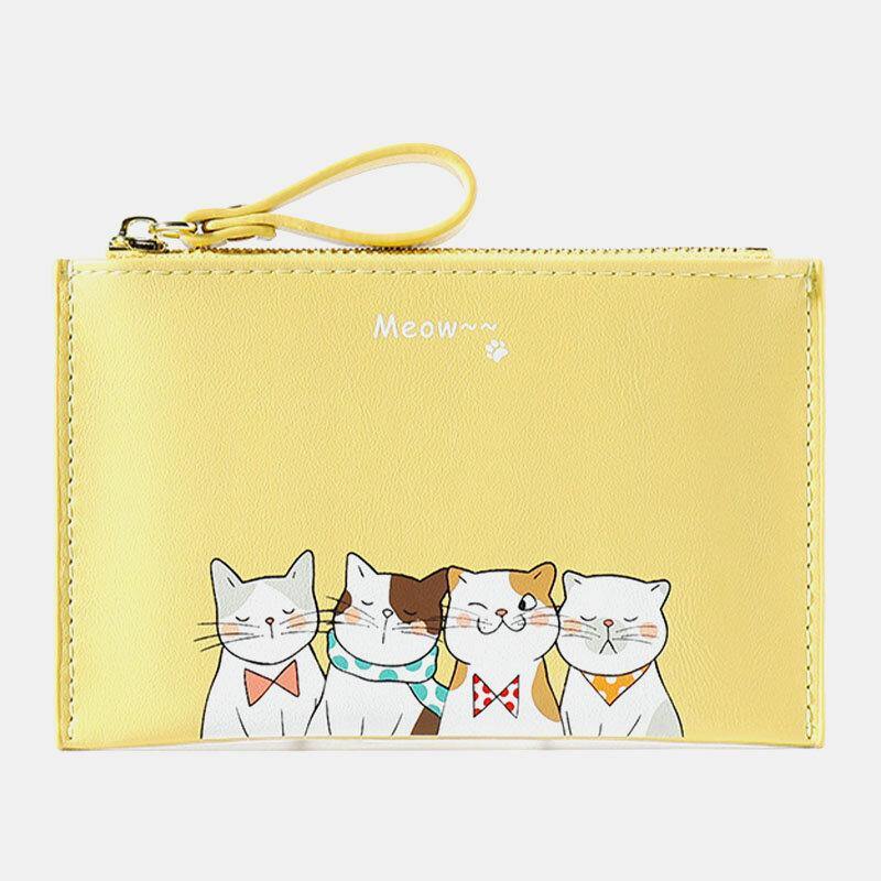 Women Faux Leather Cute Cartoon Cats Printing Ultra-thin Card Case Coin Bag Wallet