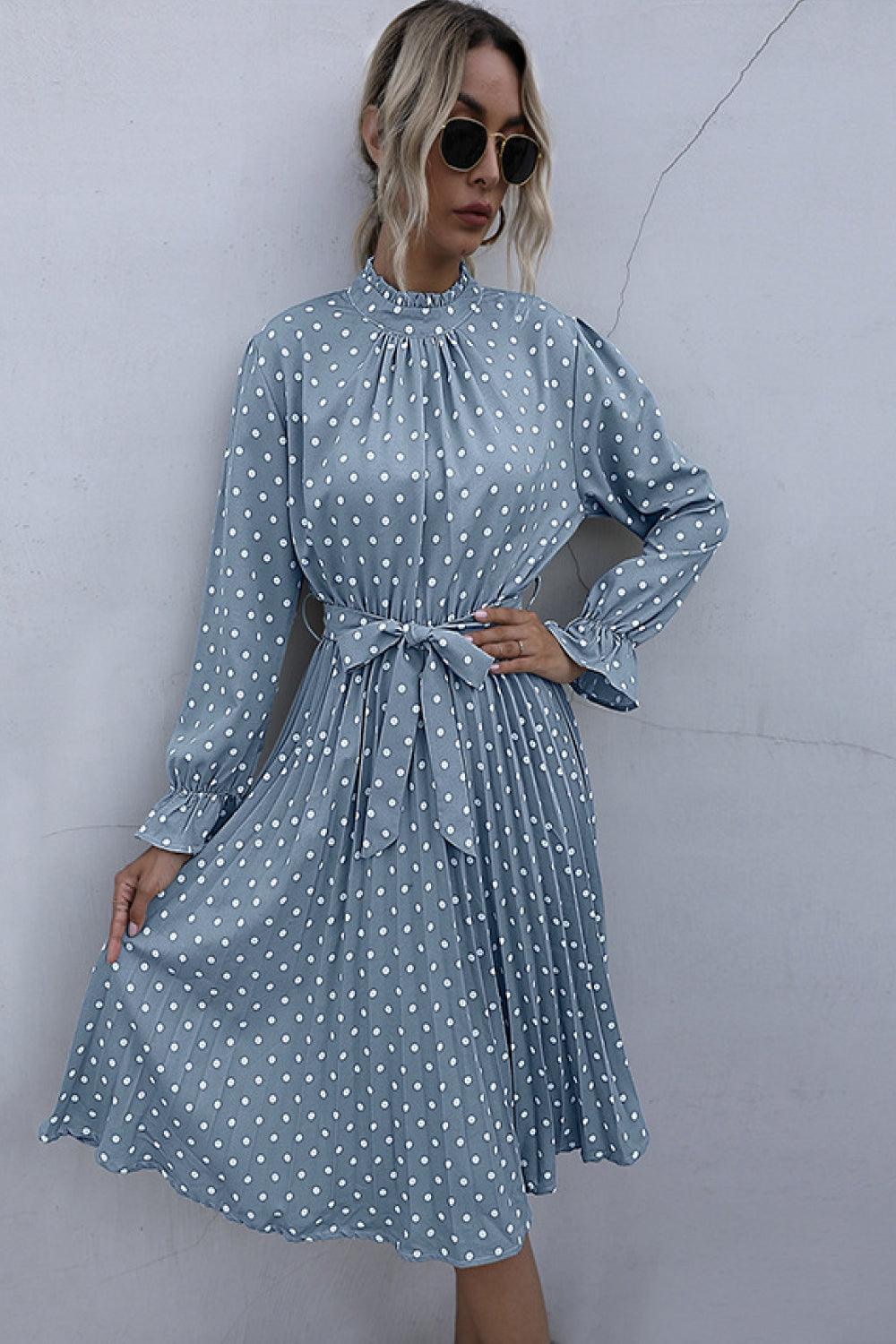 Polka Dot Pleated Dress With Belt