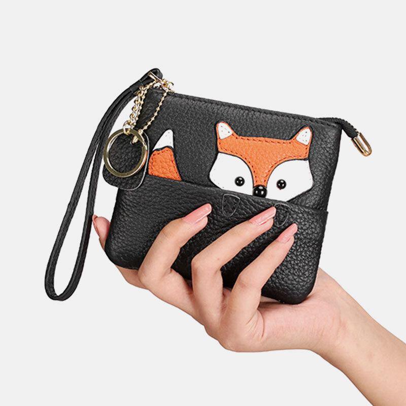 Damen-Geldbörse aus echtem Leder, lässig, niedlich, Outdoor, Cartoon-Tier-Fuchs-Muster, kleine Münztasche 