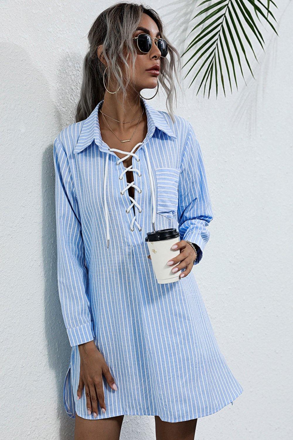 Lace Up Collar Shirt Dress