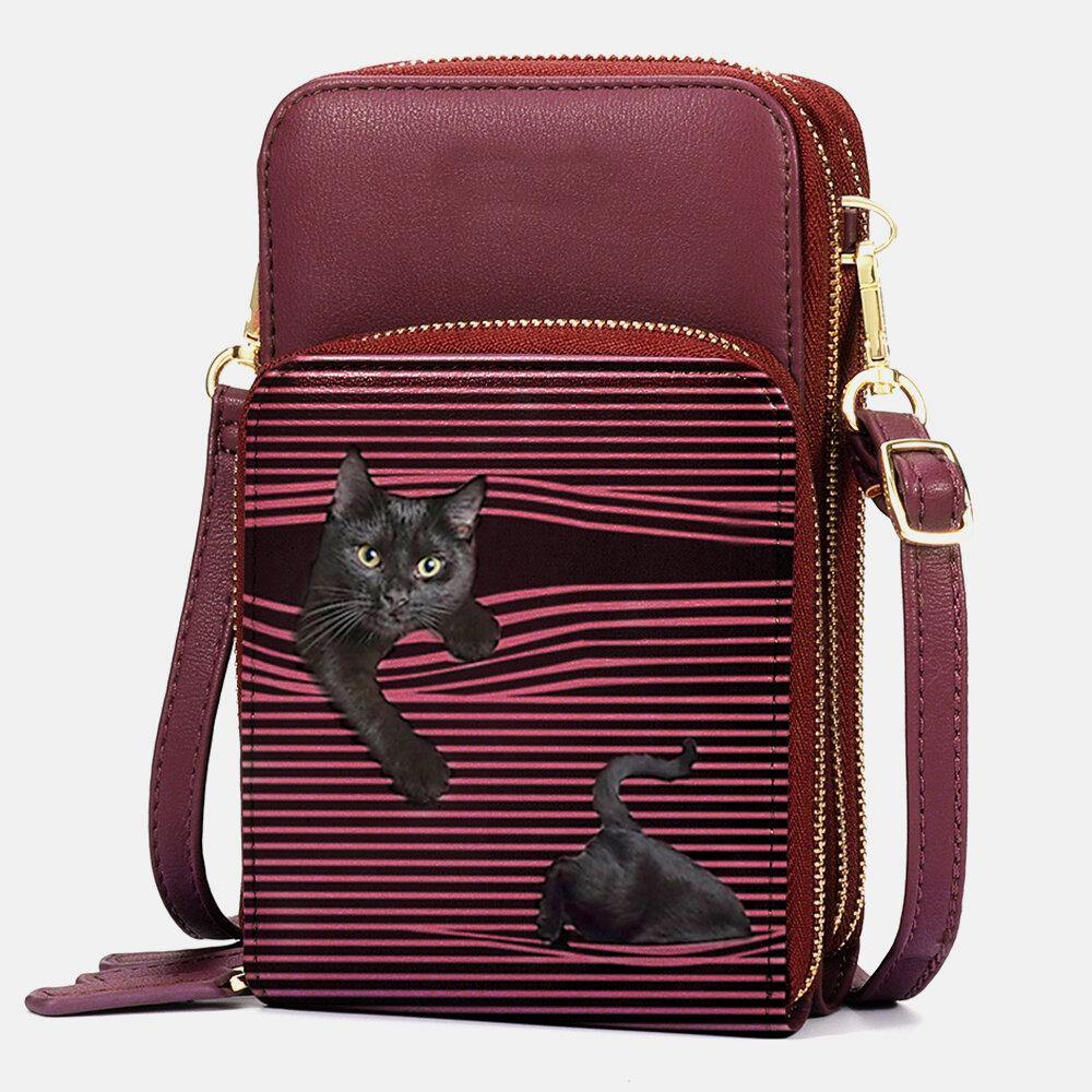 Women Faux Leather Casual Cute Black Cat and Stripes Pattern Adjustable Shoulder Bag Crossbody Bag