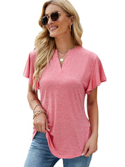 Women's T-Shirts Solid V-Neck Flying Sleeve T-Shirt