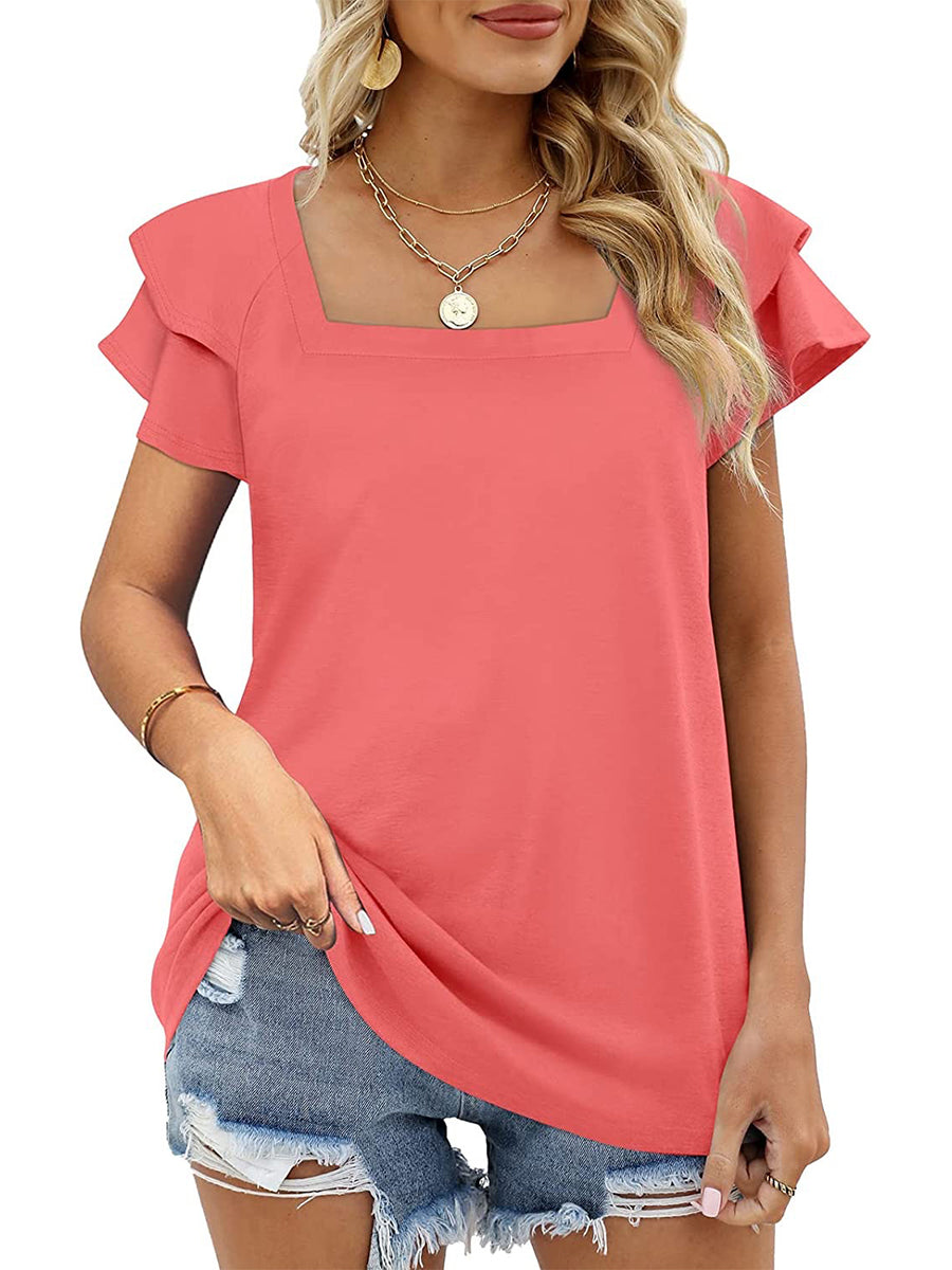 Women’s T-Shirts Solid Color Square Neck Double Layer Petal Sleeve T-Shirt